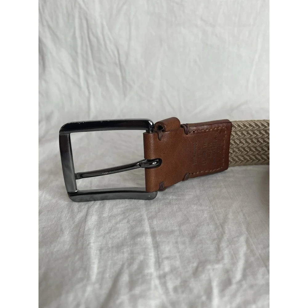 Tommy Bahama Two-Tone Stretch Webbed Belt Size: S/M Khaki 100% Leather Trim